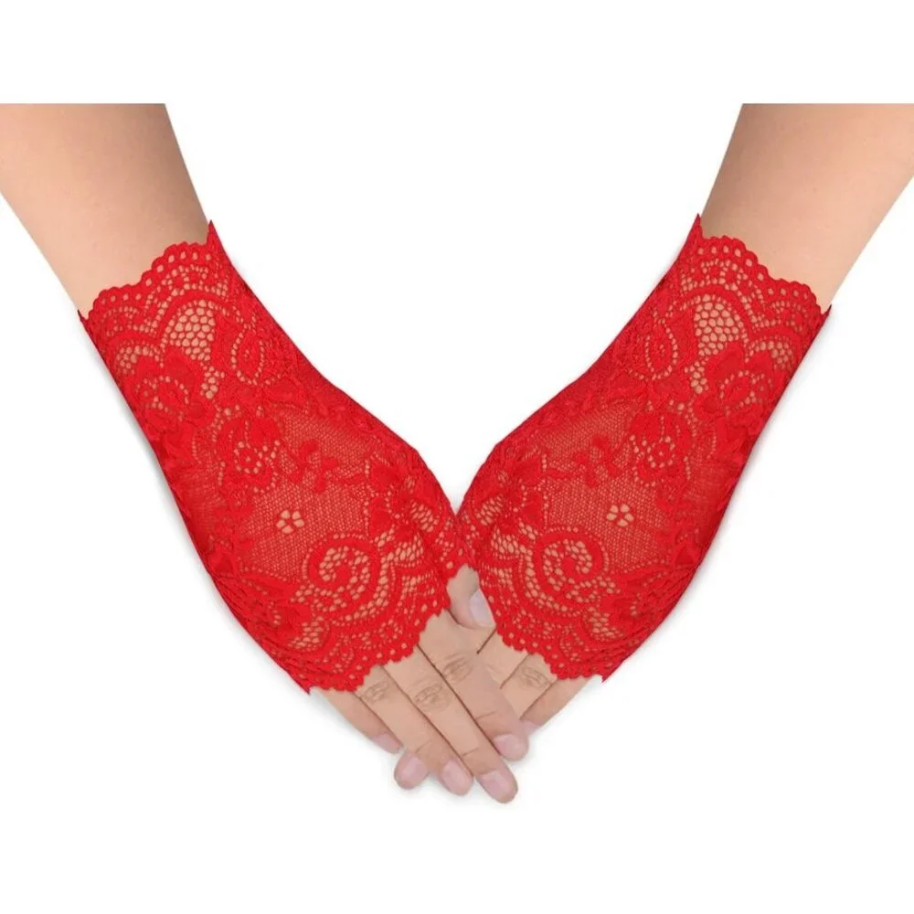 Women's 2 Pair Black Red Lace Fingerless Gloves Party Prom Costume Accessories